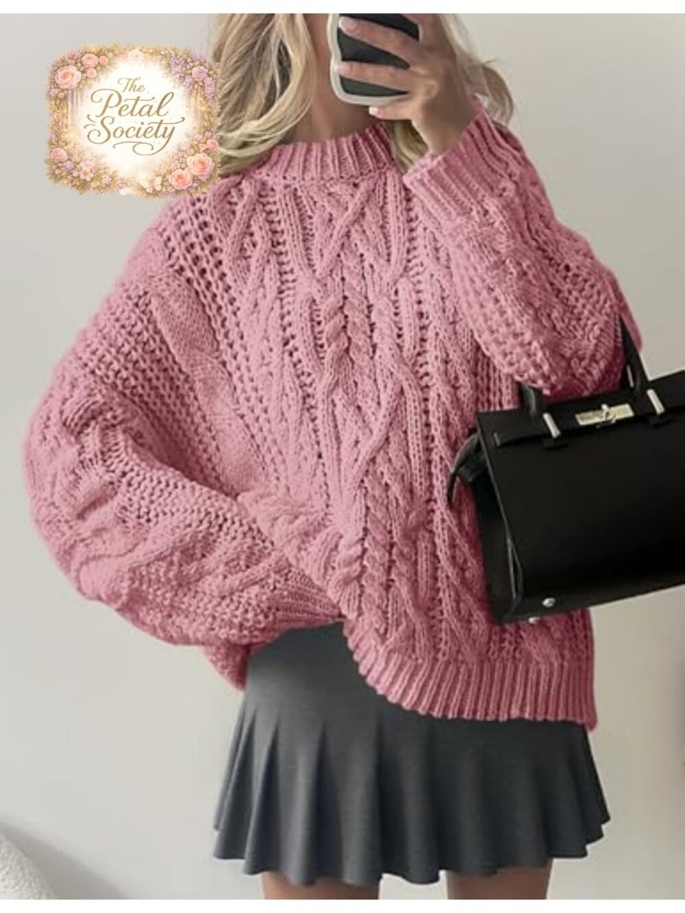 Oversized Chunky Cable Knit Sweater Crew Neck Pullover Top - Picture 5 of 6